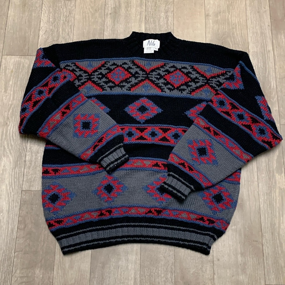 Mens Vintage Nils Wool Blend Aztec Mock Neck‎ Heavy Duty Pullover Sweater